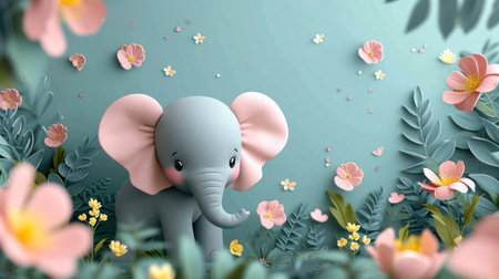 3d rendering of cute baby elephant in the jungle with flower backgroundの素材