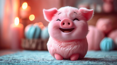 Cute funny piggy on wooden table in room with burning candlesの素材