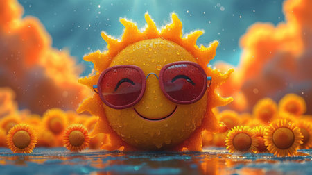 Funny smiling sun with sunglasses. 3D illustration. 3D rendering.の素材