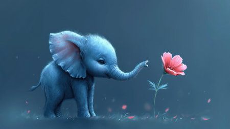 Elephant with flower in the forest. 3D illustration. Digital painting.の素材