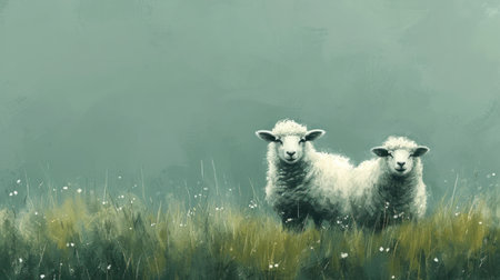 Digital painting of two sheeps grazing on a meadow in spring.の素材