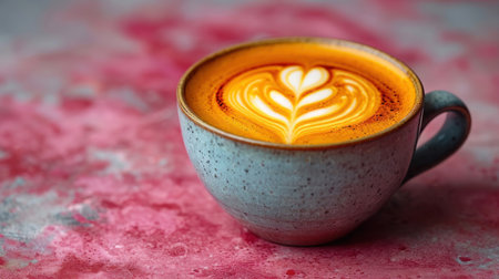 Cup of latte art coffee on pink background, stock photoの素材