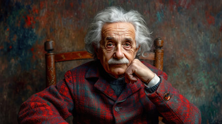 Portrait of an old man sitting on a wooden chair in the studio.の素材