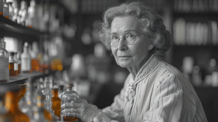 Portrait of a senior woman with a bottle of whiskey in her handsの素材