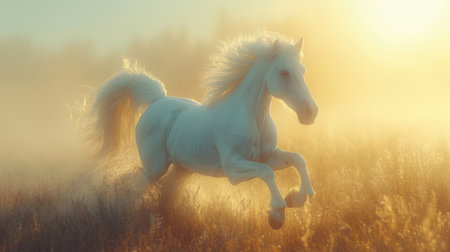 Beautiful white horse running in the meadow at sunrise. Filtered image processed vintage effect.の素材