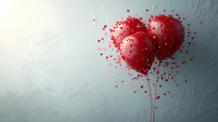 Red heart-shaped balloons and confetti on a gray background.の素材