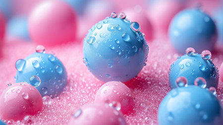 abstract background with blue and pink balls and drops of water.の素材