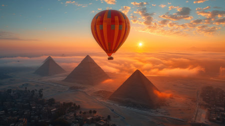 Hot air balloon over Giza pyramids at sunrise, Cairo, Egyptの素材