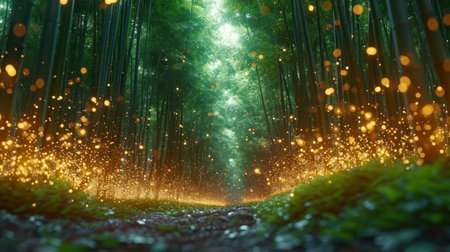 Bamboo forest with bright light and bokeh. 3d renderingの素材