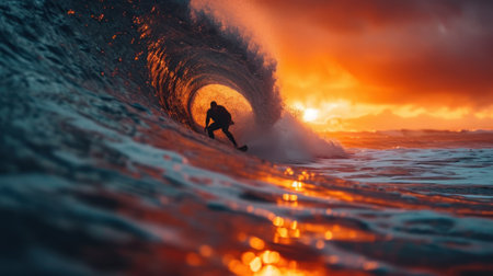 Surfer on the ocean wave at sunset. Surfing at sunsetの素材
