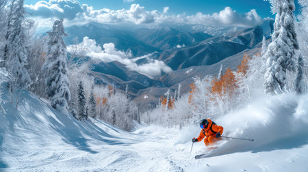 Skier skiing downhill in high mountains. Caucasus Mountains, Georgia, ski resort Gudauri.の素材