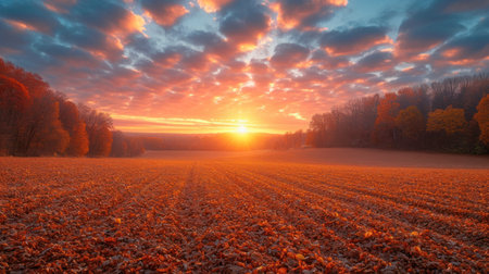 Sunrise over a field covered with leaves and trees in autumn colorsの素材