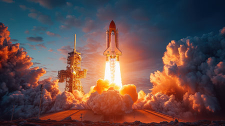 Space rocket taking off into the sky. 3D Rendering.の素材