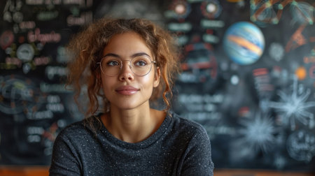 Portrait of a young woman with curly hair and glasses, standing in front of a blackboard.の素材