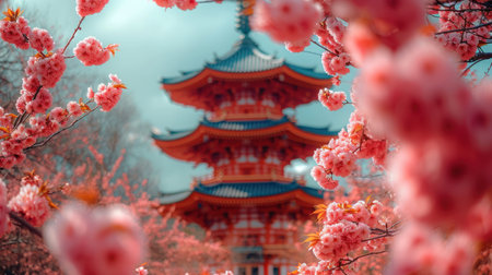 Beautiful cherry blossom and pagoda in Tokyo, Japan.の素材