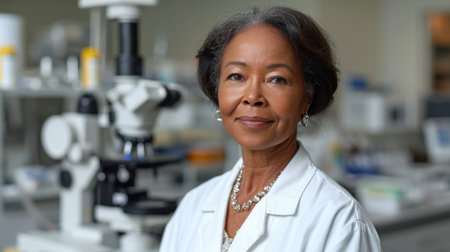 Portrait of senior african american female researcher looking at camera in laboratoryの素材