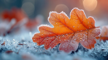 Autumn oak leaf in hoarfrost on the blurred background.の素材