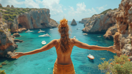 Rear view of a beautiful young woman in a swimsuit standing with her arms outstretched and enjoying the view of the sea.の素材