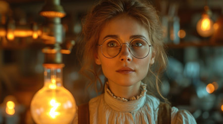 Portrait of a beautiful girl in glasses and a light bulb.の素材