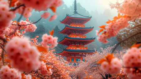 Cherry blossom and pagoda in spring, 3D renderingの素材