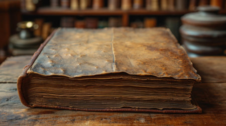 Old book on wooden table in library, closeup. Law conceptの素材
