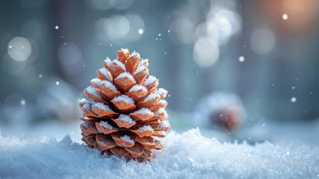 Pine cone in the snow, christmas background. 3d renderingの素材