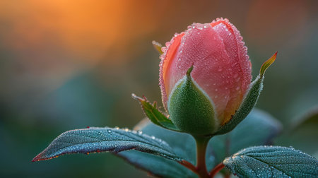 Beautiful rose bud with dew drops on the petals.の素材