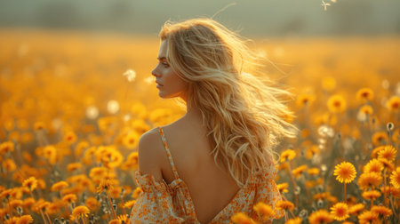 Beautiful young woman in a field of sunflowers. Beauty, fashion.の素材