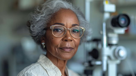 Portrait of senior African american woman doctor looking at camera in hospitalの素材