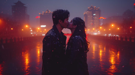 Young couple kissing in the city at night with fog and light effectsの素材