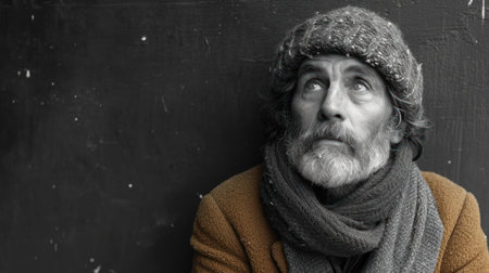 Portrait of an old man with a gray beard and a mustache in a knitted hat and scarfの素材