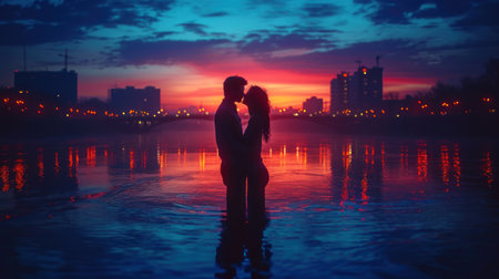 Silhouette of a loving couple on the background of the city at sunsetの素材