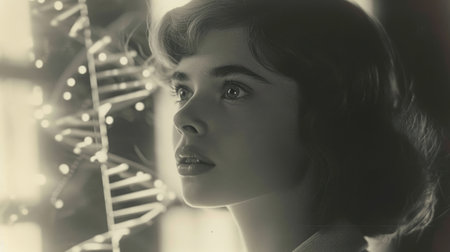 Portrait of a beautiful young woman on the background of the DNA moleculeの素材