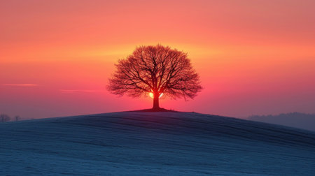 Lonely tree in a snowy field at sunset. Beautiful winter landscape.の素材