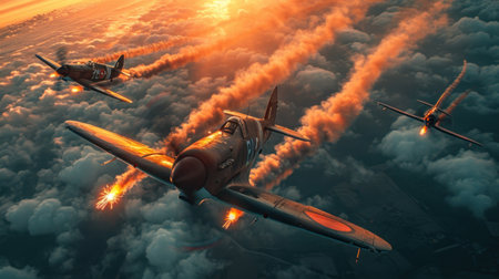 Airplanes flying in the sky at sunset. 3D illustration.の素材