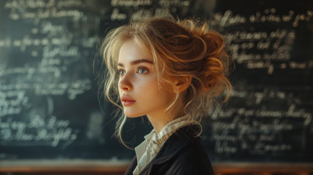 Portrait of a beautiful young girl with long hair in a classroom.の素材