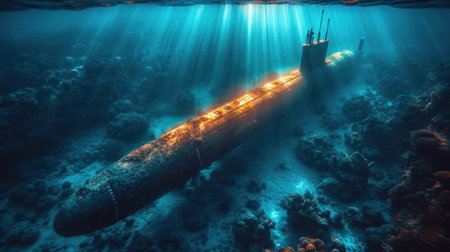 Underwater view of a sunken submarine with rays of light.の素材