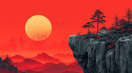 Fantasy landscape with mountains and sun. 3d render illustration.の素材