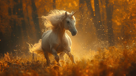 Beautiful white horse with long mane running in the autumn forestの素材