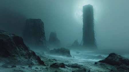 Fantasy landscape with old sunken shipwreck in the ocean.の素材