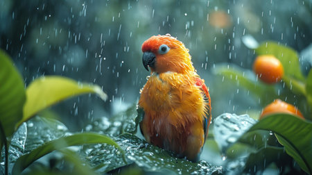 Parrot with rain drops on its feathers in the rainforest.の素材