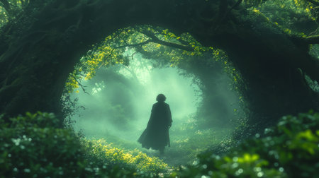 Fantasy scene of a mysterious woman in a dark forest with fogの素材