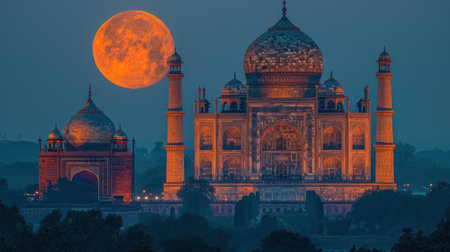 The Taj Mahal in Agra, India at night with full moonの素材