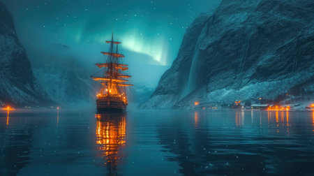 Sailing ship in the fjord. Aurora borealis.の素材