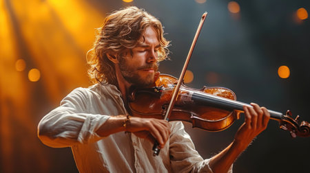 Musician playing the violin on a stage in the rays of lightの素材