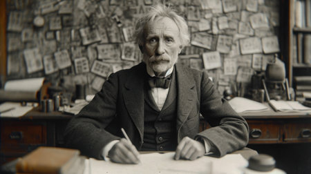 Portrait of a senior man sitting at his desk in his officeの素材