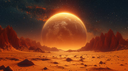 Fantasy alien planet. Mountain and full moon. 3D illustrationの素材