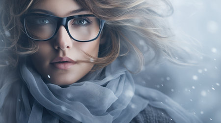 Beautiful young woman in glasses and scarf. Beauty, fashion.の素材