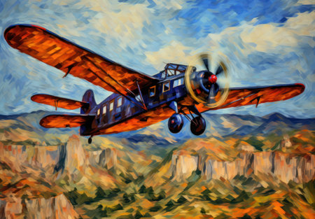 Vintage airplane flying in the sky, oil painting style, illustrationの素材