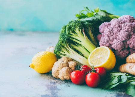 Variety of fresh organic vegetables on light blue background. Healthy eating concept.の素材